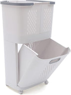 2 Tier Rolling Laundry Hampers Sorter, Removable Laundry Basket holder with Wheels and Handle, Portable Storage Basket Cart for Kitchens, Bathrooms, Bedrooms, Laundry Room