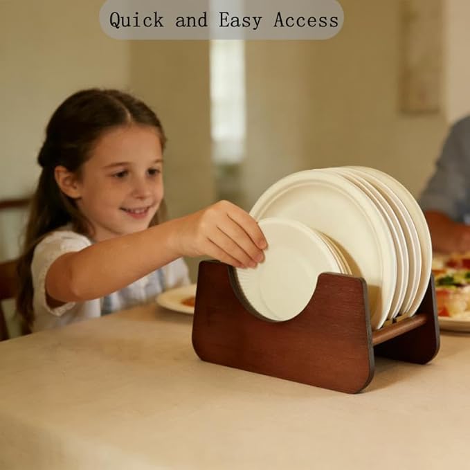Paper Plate Dispenser，Wood Foam Plate Storage Organizer for 7-10 inch Disposable Plate,Paper Plate Holder for Kitchen Countertop or Outdoor Use
