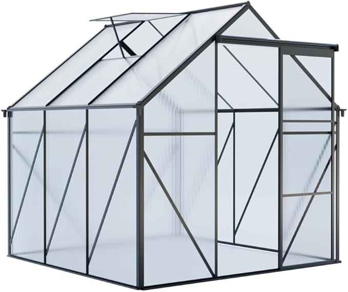 6 ft x 8 ft Aluminum Frame Greenhouse for Outdoor Use with Sloped Roof and Sliding Door for Garden Plant Protection (Black 6 * 6FT)