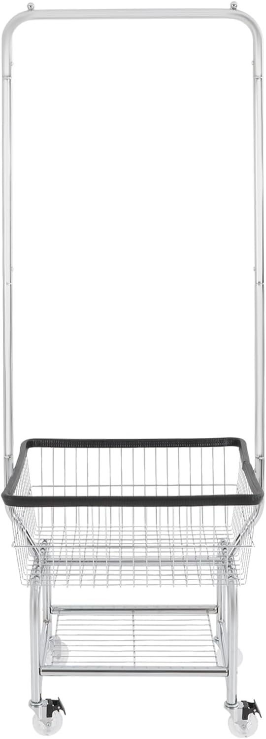 70"H Laundry Cart, Rolling Laundry Basket with Hanging Rack & Wheels, Metal Steel Wire Clothes Hamper with Storage Shelf for Homes, Hotels, Bathrooms & Commercial Laundry, 110lbs Capacity(D)