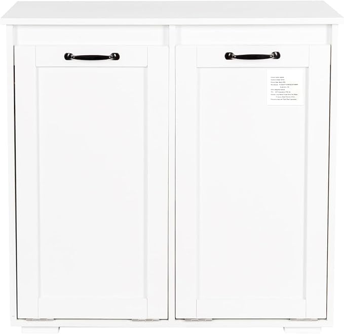 Tilt Out Laundry Sorter Cabinet with 2 Removable Liner Bags,Divided Laundry Hamper Cabinet with Semi-Circular Metal Handle and Barn Door for Space Saving (Style-02)