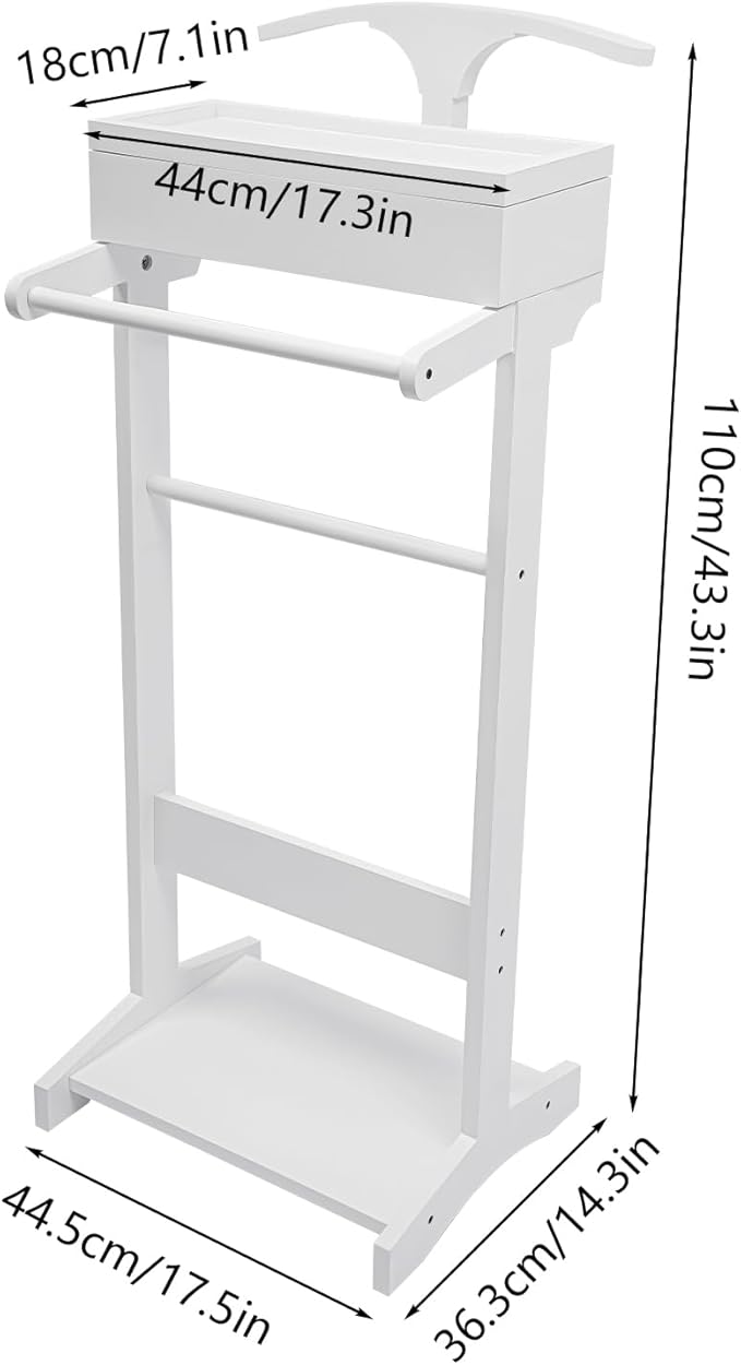 Wood Suit Rack Valet Stand for Men and Women, Freestanding Clothing Rack Organizer with Drawer & Base Vertical Suit Valet Stand for Hats, Bags, Clothes 22 lbs Capacity (White)