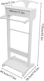Valet Stand for Man, Suit Clothes Wood Stands, Wooden Coat Hanger Rack with Top Tray, Clothing Rack Organizer with Shoe Rack & Lidded Storage, Freestanding Belt Holder Mens Valet Stand (White)