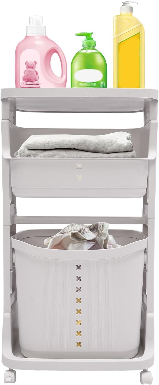 Laundry Basket Hampers,3-Layer Stackable Laundry Basket System Rolling Storage Cart, Vertical Laundry Sorter with Wheel for Kitchen Shelf,Fruit Stand,Clothes Basket (WHite)