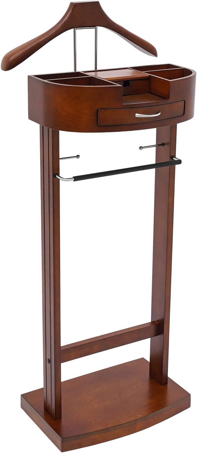 Wood Suit Rack Valet Stand for Men and Women, Freestanding Clothing Rack Organizer with Drawer & Base Vertical Suit Valet Stand for Hats, Bags, Clothes 22 lbs Capacity (Brown)