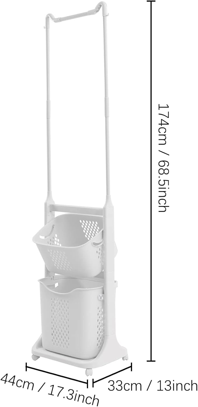Laundry Sorter Cart with Clothes Rack 2 Layer Laundry Hamper Basket with Hanging Stand Dirty Clothes Storage Basket with 4 Wheels Simple Storage Shelf for Bathroom Cloakroom Bedroom White
