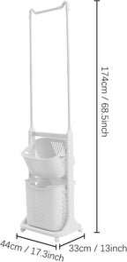 Laundry Sorter Cart with Hanging Rack, 2 Section Laundry Hamper Rack Shelf, Multi-layer Rolling Laundry Basket Clothes Storage Shelf Stand with Wheels, for Bathroom Household Kitchen, White