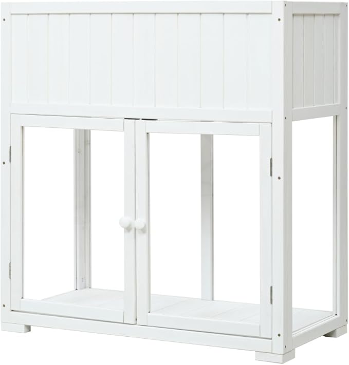 Patio 35.4''x17.7''x37.4'' Mini Wood Cold Frame, Compact 2 Doors Garden Greenhouse with Wheels, Raised Bed with Liner for Indoor Outdoor Use (White)