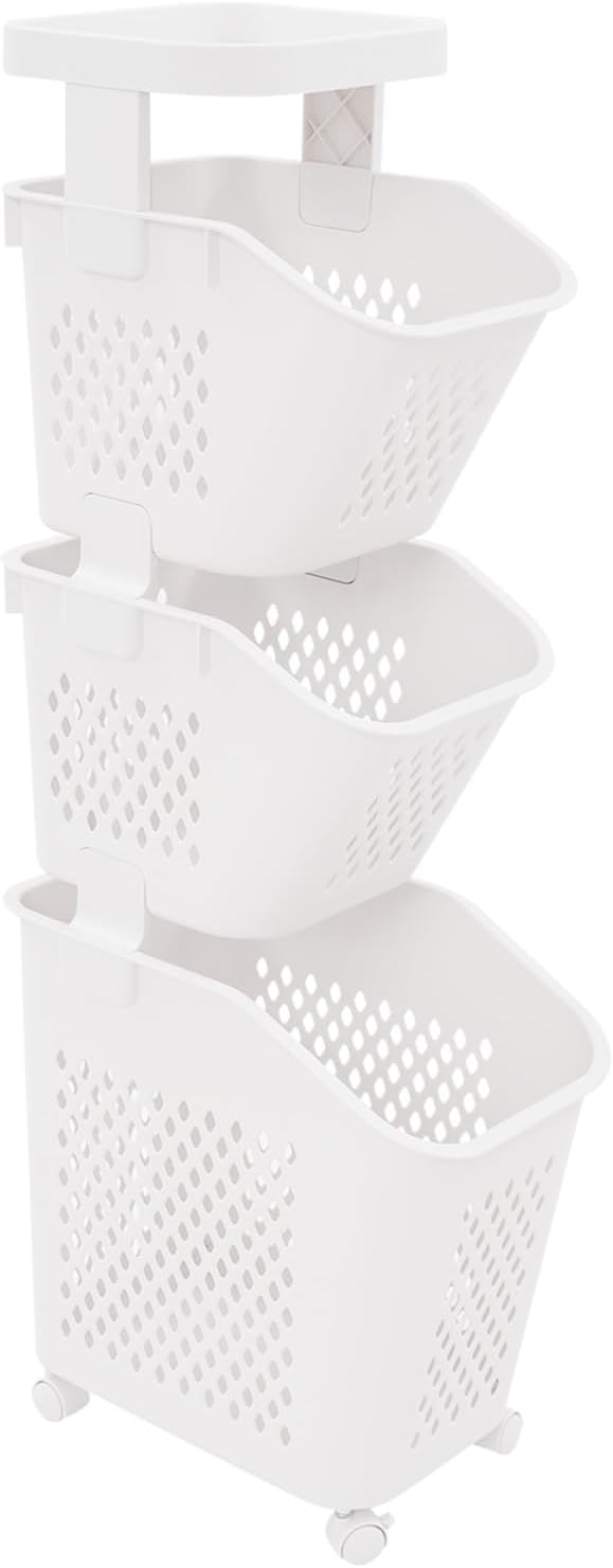 Tiered Laundry Storage Organizer Tiered Laundry Hamper Sorter Bathroom Laundry Basket with Wheels Removable Plastic Storage Basket for Kitchen (3-Tier)