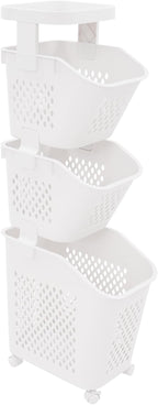 Tiered Laundry Storage Organizer Tiered Laundry Hamper Sorter Bathroom Laundry Basket with Wheels Removable Plastic Storage Basket for Kitchen (3-Tier)