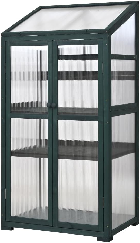 Sturdy Wooden Greenhouse for Balcony or Backyard Use with Rolling Wheels and Adjustable Shelving for Plant Growing (Green + Solid Wood + Wood)