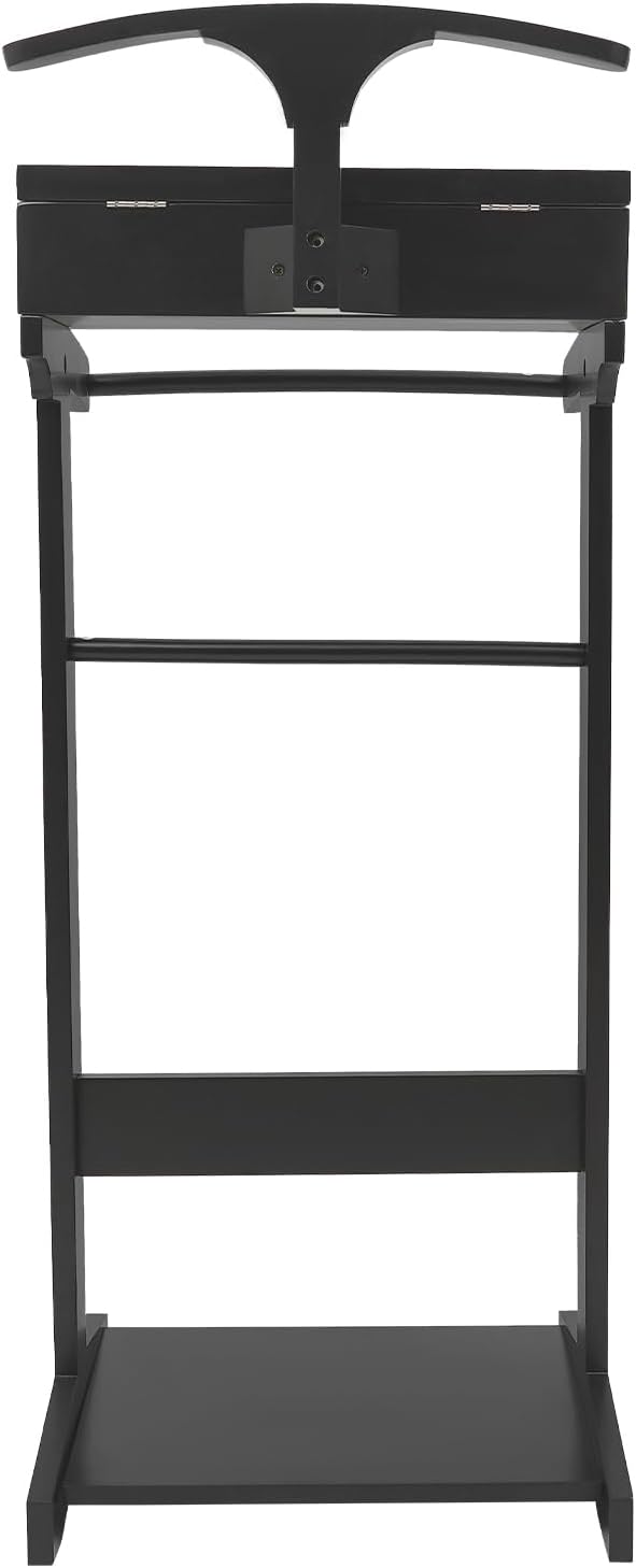 Wood Suit Rack Valet Stand for Men and Women, Freestanding Clothing Rack Organizer with Drawer & Base Vertical Suit Valet Stand for Hats, Bags, Clothes 22 lbs Capacity (Black)