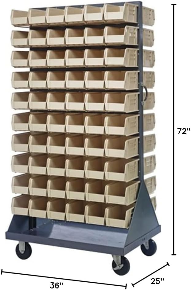 Quantum Storage QMD-36H-230IV Mobile Double Sided Gray Louvered Rack System with Bins, 36” L x 25” W 72” H, Ivory