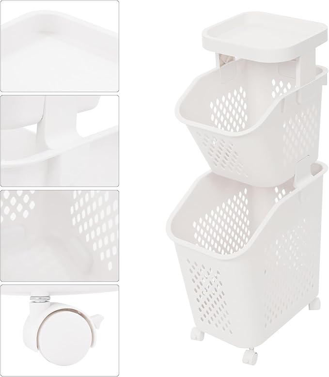 2-Tier Rolling Laundry Cart with Wheels, Stackable Vertical Laundry Sorter & Organizer for Bathroom, Bedroom, and Laundry Room (2-Tier)