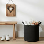 58L Cotton Rope Laundry Basket - Large Collapsible Storage Hamper with Handles Suitable for seasonal storage, toy storage, and a great gift for women (Black)