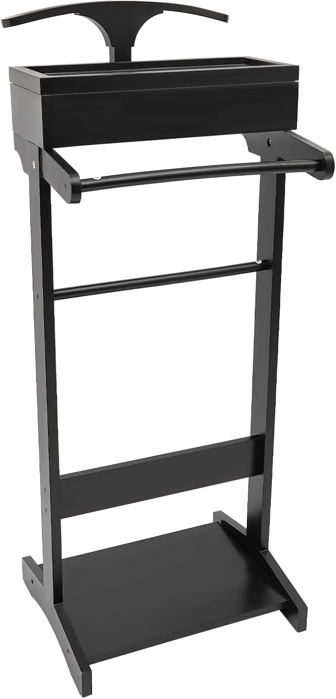 Wood Suit Rack Valet Stand for Men and Women, Freestanding Clothing Rack Organizer with Drawer & Base Vertical Suit Valet Stand for Hats, Bags, Clothes 22 lbs Capacity (Black)