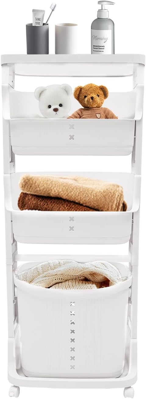 4-Layer Laundry Basket,PP Laundry Basket System Vertical Laundry Sorter with Wheel,Rolling Storage Holder Cart for Laundry Rooms, Bathrooms, Toilets (White)