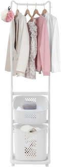 Laundry Sorter Cart with Hanging Rack, 2 Section Laundry Hamper Rack Shelf, Multi-layer Rolling Laundry Basket Clothes Storage Shelf Stand with Wheels, for Bathroom Household Kitchen, White