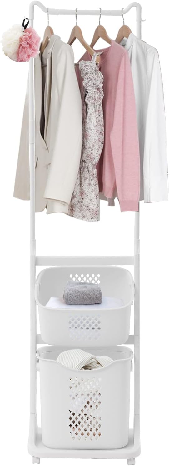 TFCFL Rolling Laundry Sorter, 2 Layers Laundry Basket Clothes Storage Cart with Hanging Bar, Storage Organizer Kitchen Shelf Fruit Stand with Rack for Household Bathroom Kitchen Bedroom (White)