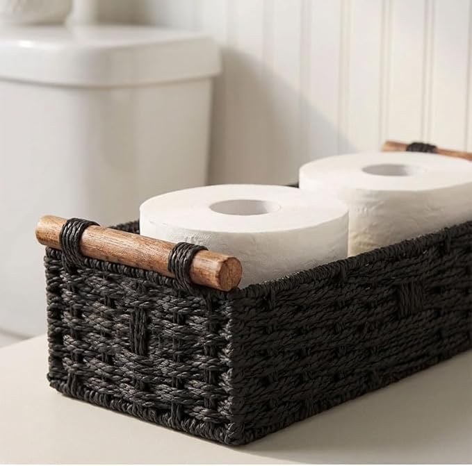 Back of Toilet Basket with Wood Handles, Black Wicker Toilet Paper Basket for Toilet Tank Top, Narrow Toilet Tank Basket, Bathroom Basket Organizer for Wipes & Essentials