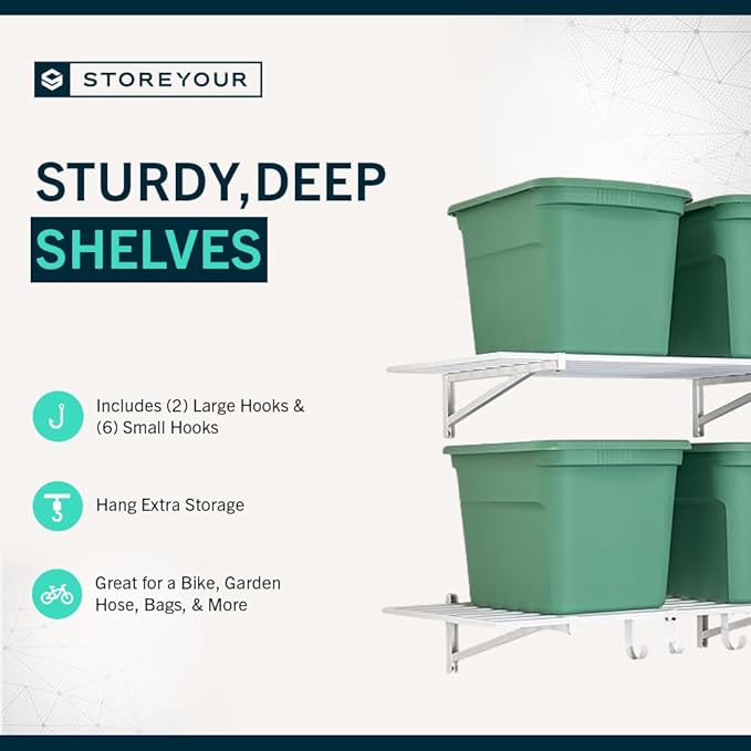 StoreYourBoard Heavy Duty Garage Shelf Wall Mount 2ft x 4ft – Wall-Mounted Shelving for Storage & Organization – Heavy Duty Garage Shelves for Tools, Bins, & Equipment – Holds 200 lbs - White