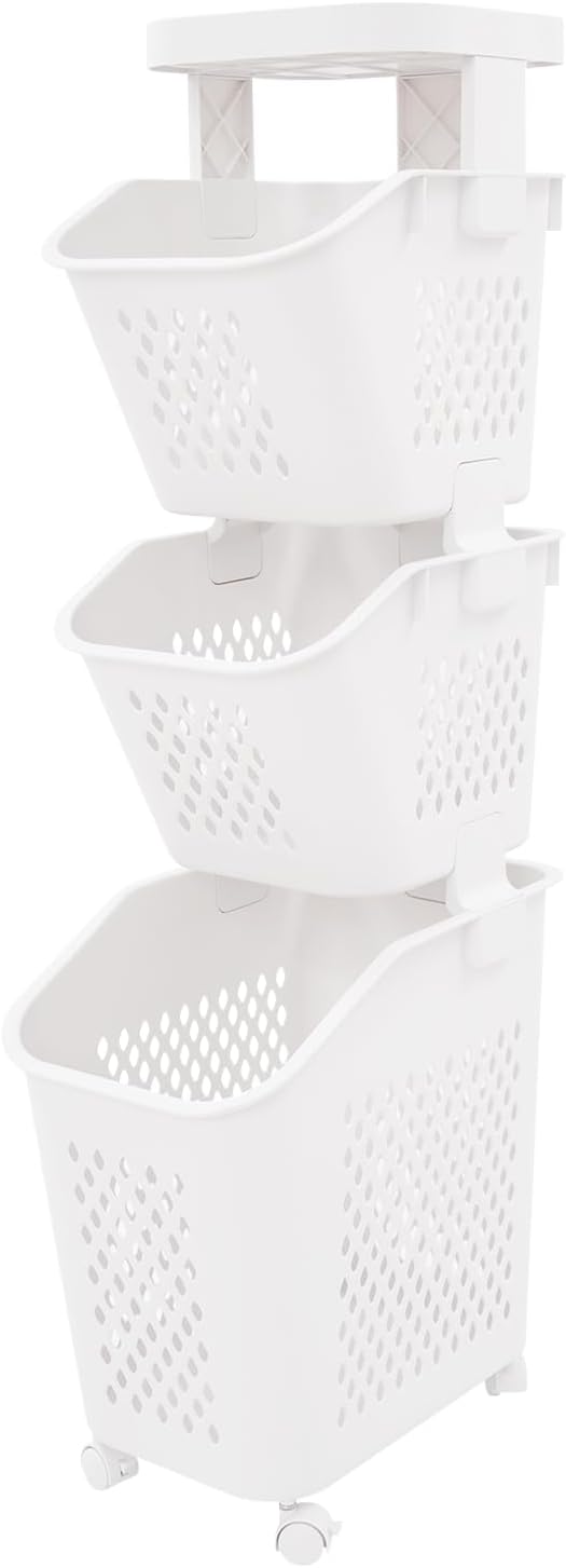Tiered Laundry Storage Organizer Tiered Laundry Hamper Sorter Bathroom Laundry Basket with Wheels Removable Plastic Storage Basket for Kitchen (3-Tier)