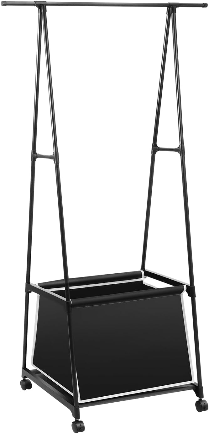 Laundry Cart with Hanging Rack, Metal Rolling Laundry Cart Laundry Hamper with Fabric Storage Basket Clothes Rack with Lockable Wheels for Hanging Clothes & Storing Toys Hats (Black)