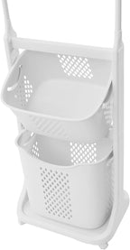 TFCFL Rolling Laundry Sorter, 2 Layers Laundry Basket Clothes Storage Cart with Hanging Bar, Storage Organizer Kitchen Shelf Fruit Stand with Rack for Household Bathroom Kitchen Bedroom (White)
