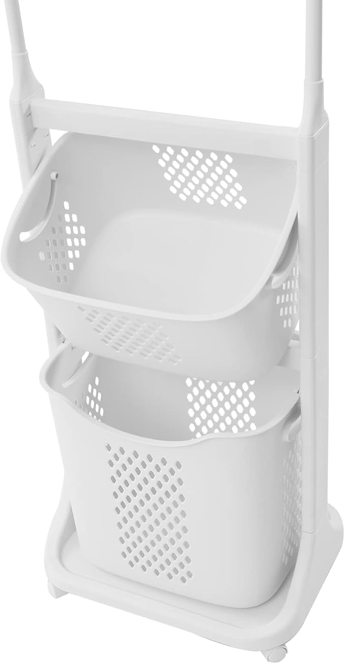 TFCFL Rolling Laundry Sorter, 2 Layers Laundry Basket Clothes Storage Cart with Hanging Bar, Storage Organizer Kitchen Shelf Fruit Stand with Rack for Household Bathroom Kitchen Bedroom (White)