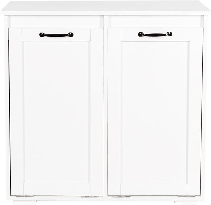 Tilt Out Laundry Sorter Cabinet with 2 Removable Liner Bags,Divided Laundry Hamper Cabinet with Semi-Circular Metal Handle and Barn Door for Space Saving (Style-02)