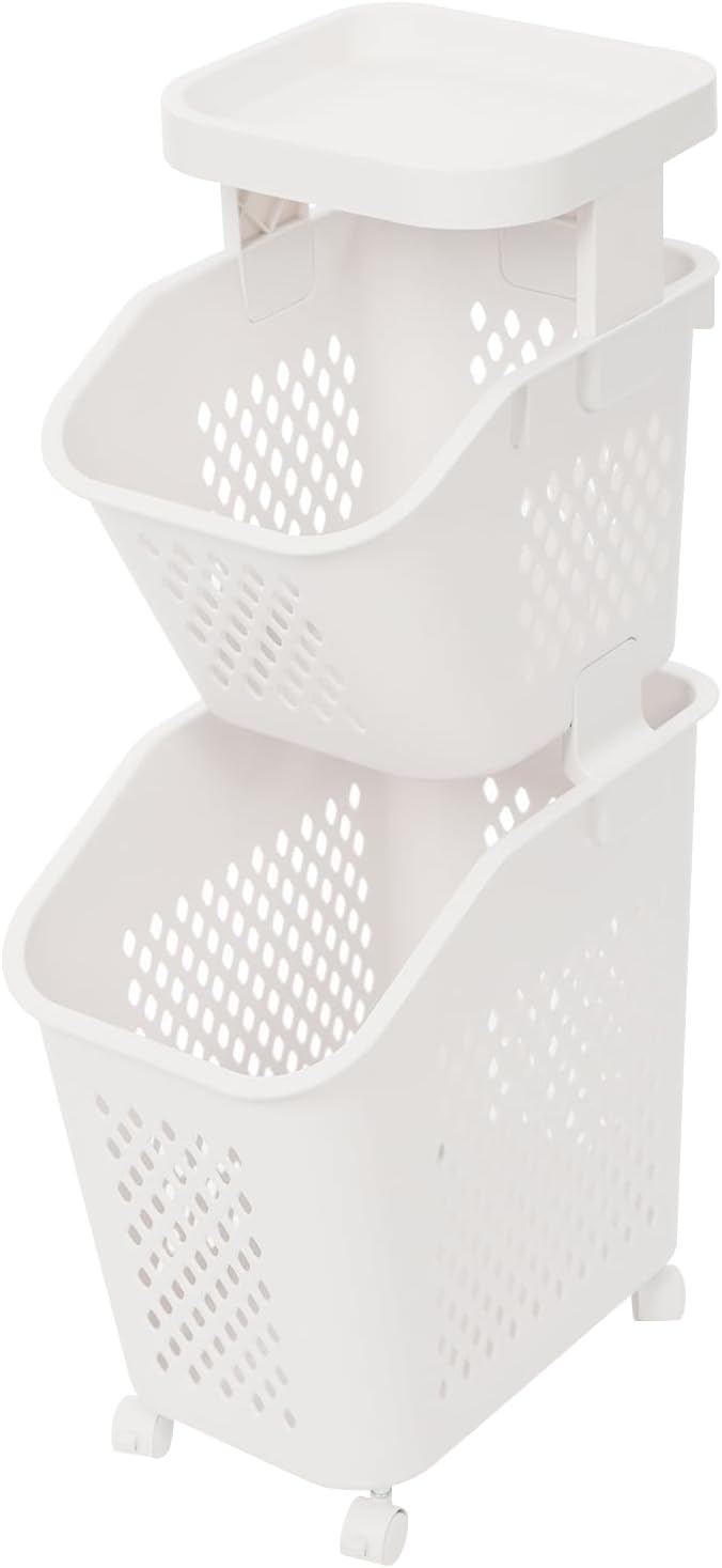 Tiered Laundry Storage Organizer Tiered Laundry Hamper Sorter Bathroom Laundry Basket with Wheels Removable Plastic Storage Basket for Kitchen (2-Tier)