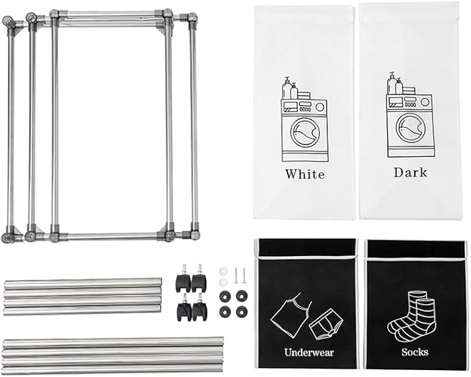 Laundry Basket 2 Tier Clothes Sorter with 4 Removable Bags to Organize Clothes, With Four Wheels, Easy to Move, Laundry, Light, Dark
