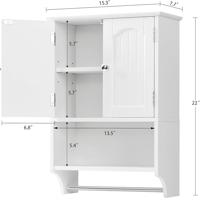TEENFON Bathroom Wall Cabinet with Adjustable Shelves and Towel Rack, Wall Mounted Over the Toilet Storage Cabinet for Bathroom, Living Room, White UNGGX005W