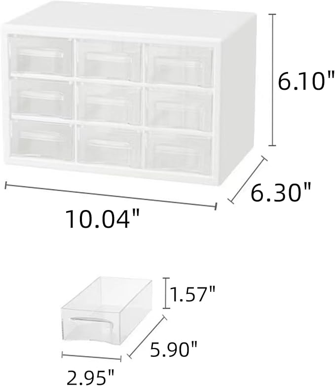 Feadily 1PCS Large Drawer Organizer for Desk, Desktop Drawer Organizer with 9 Clear Drawers, Plastic Desktop Storage Drawers 10.04 Inch x 6.30 Inch x 6.10 Inch, White
