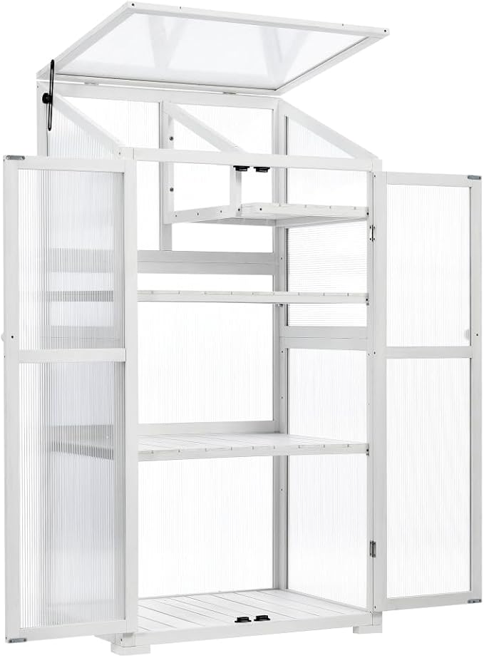 Sturdy Wooden Greenhouse for Balcony or Backyard Use with Rolling Wheels and Adjustable Shelving for Plant Growing (White + Solid Wood + Wood)