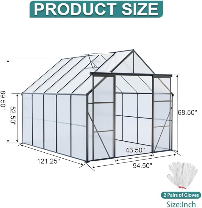 Heavy-Duty Walk-in Polycarbonate Greenhouse with Dual Sliding Doors, Adjustable Roof Ventilation, and Galvanized Steel Base for Year-Round Outdoor Gardening (Black 8*10FT)