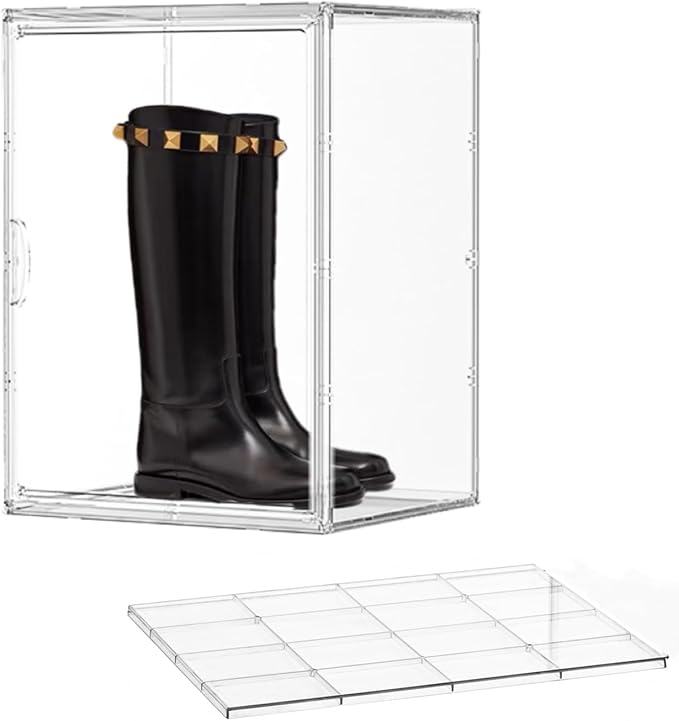 Acrylic Display Case with an Adjustable Divider, 2 Tiers XXX-Large Boot Shoe Storage Boxes Clear Plastic Stackable Storage Bin with Lids Super Large Clear Display Box for Shoes, Collectibles