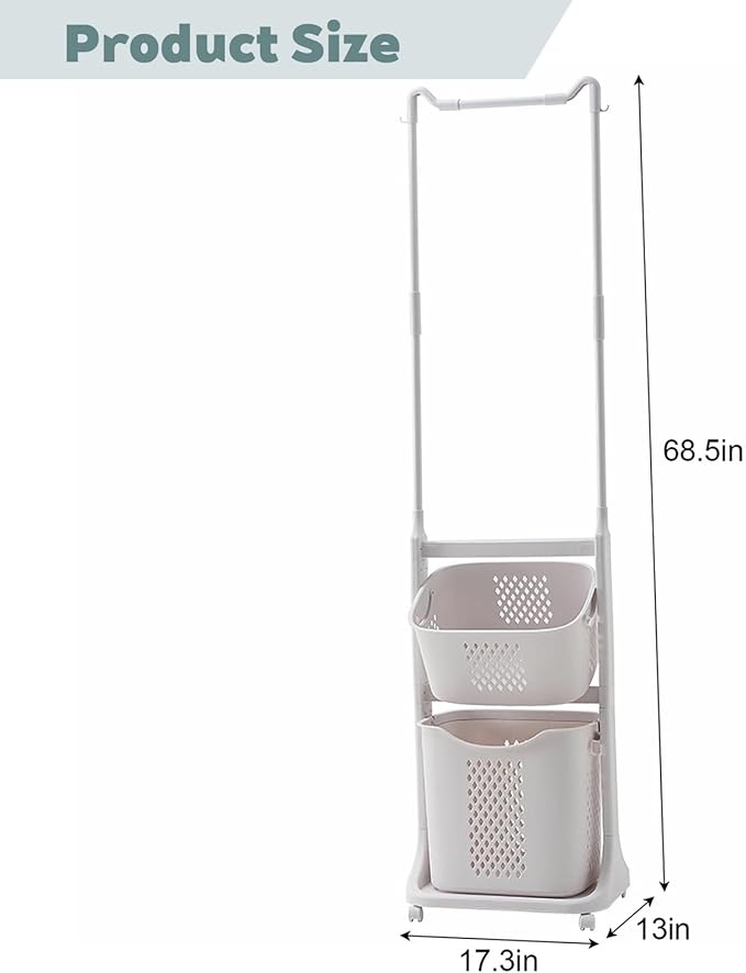 2-Tier Rolling Tiered Laundry Basket Organizer,Vertical Laundry Sorter with Wheels and Hanging Bar,Stacked Basket Holder for Bathroom & Laundry Room, White (68.5 Inch)