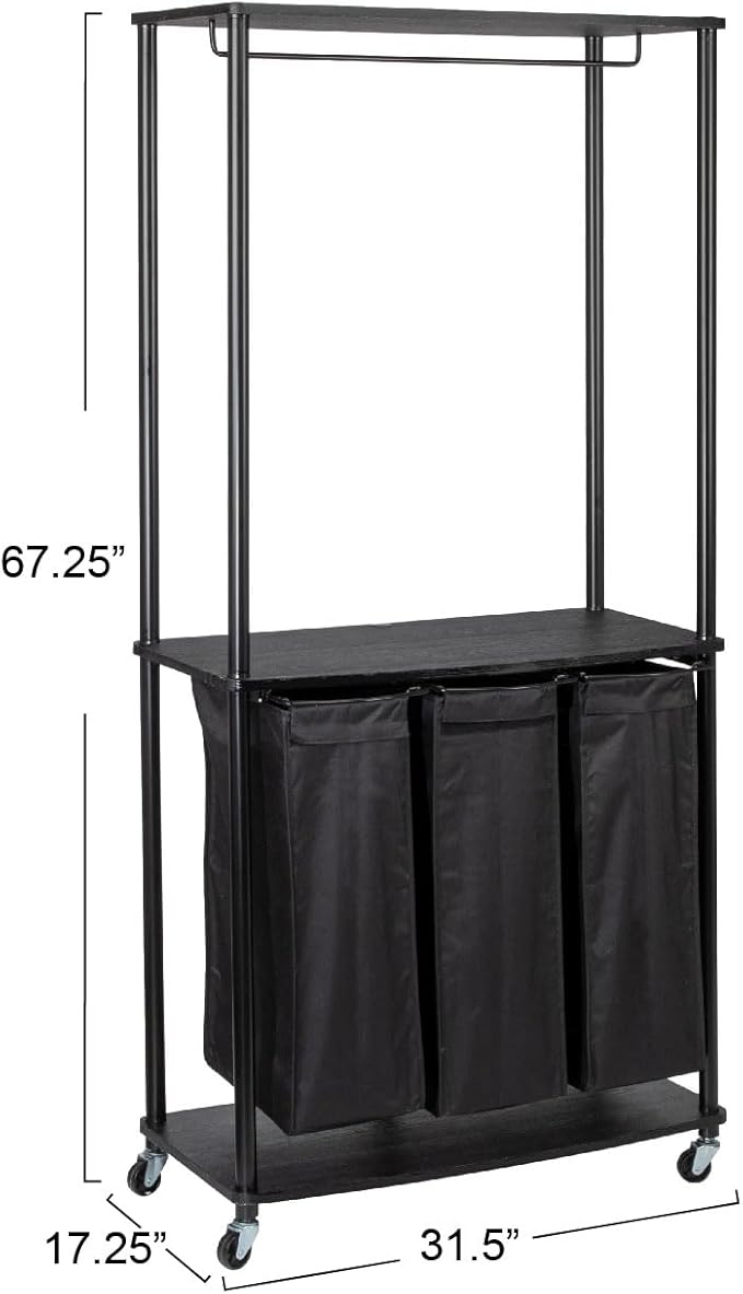 Household Essentials 3-Bag Laundry Center, Smooth Laminate Shelving, Sturdy Steel Frame