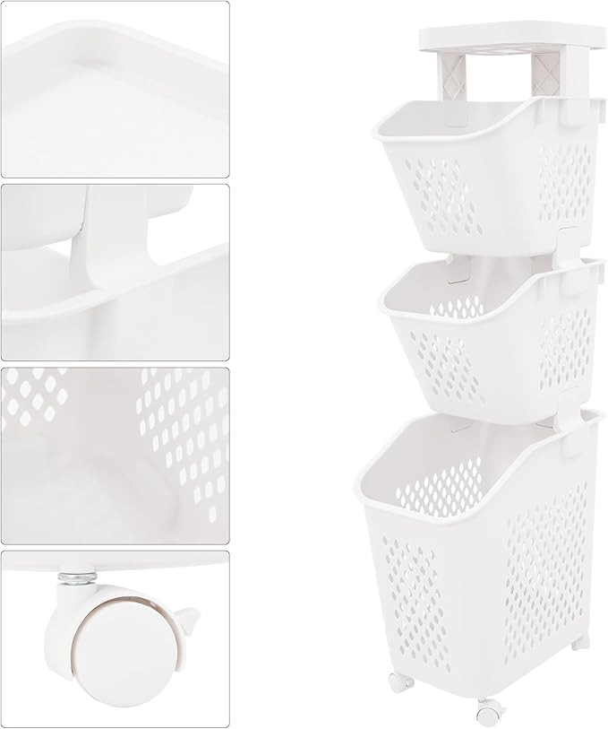 3-Tier Rolling Laundry Cart with Wheels, 39'' Stackable Vertical Laundry Sorter & Organizer for Bathroom, Bedroom, and Laundry Room (3-Tier)