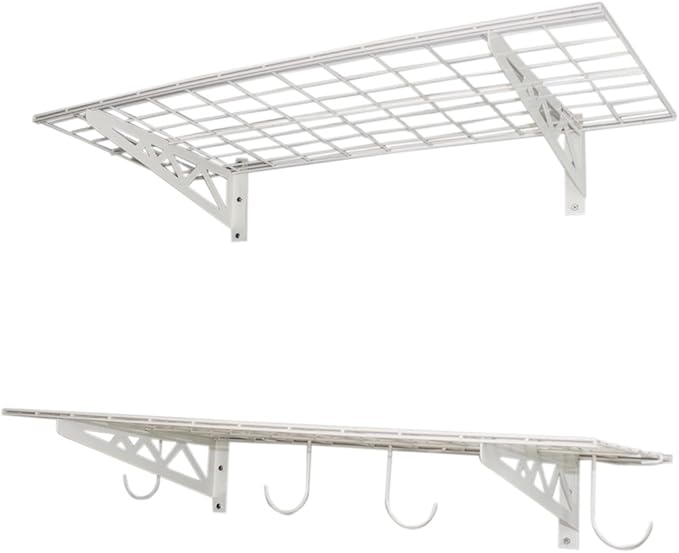 SafeRacks Wall Shelves - 2 Pk 18"x36" Wall Mountable Shelving Unit for Storage Rack, Pantry Shelves, Utility Shelving, Heavy Duty Shelves w/ 4 Versatile Accessory Hooks, 500lbs Capacity, White