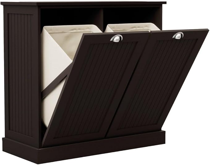 Two-Compartment Tilt-Out Laundry Sorter Cabinet with Removable Bags, E1 MDF Construction, UV Painted Finish, 32.68" L x 31.5" H, 100 Lbs Capacity, Black