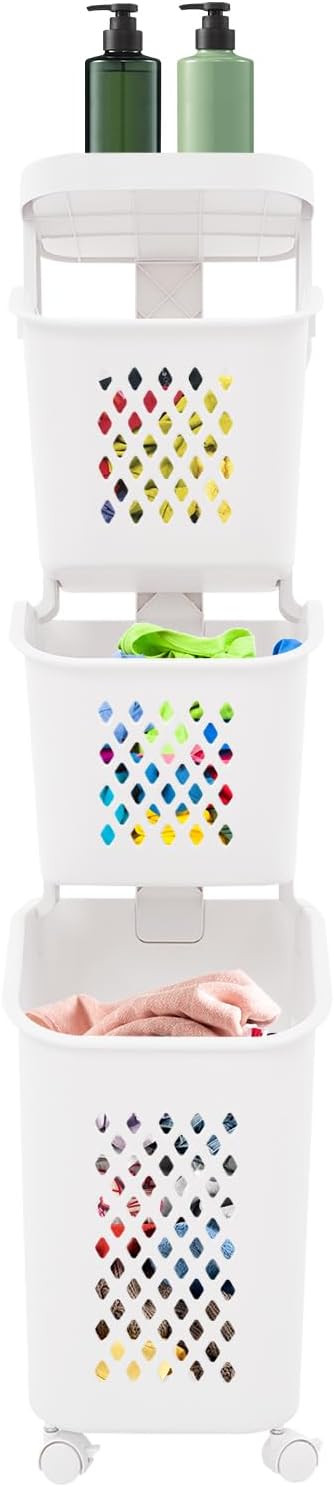 3-Tier Laundry Hamper Sorter, Rolling Laundry Baskets, Dirty Clothes Hamper for Small Space, Dorm, Closet, Bathroom (White)