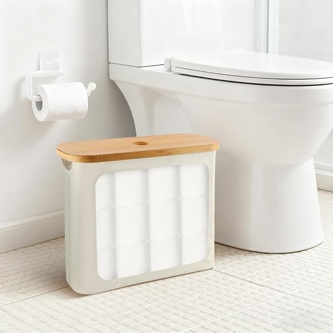 Extra Toilets Roll Storage for 12 Rolls, Toilet Paper Storage with Bamboo Lid, Collapsible Bathroom Toilets Papers Holder Organizer(Color:Beige)