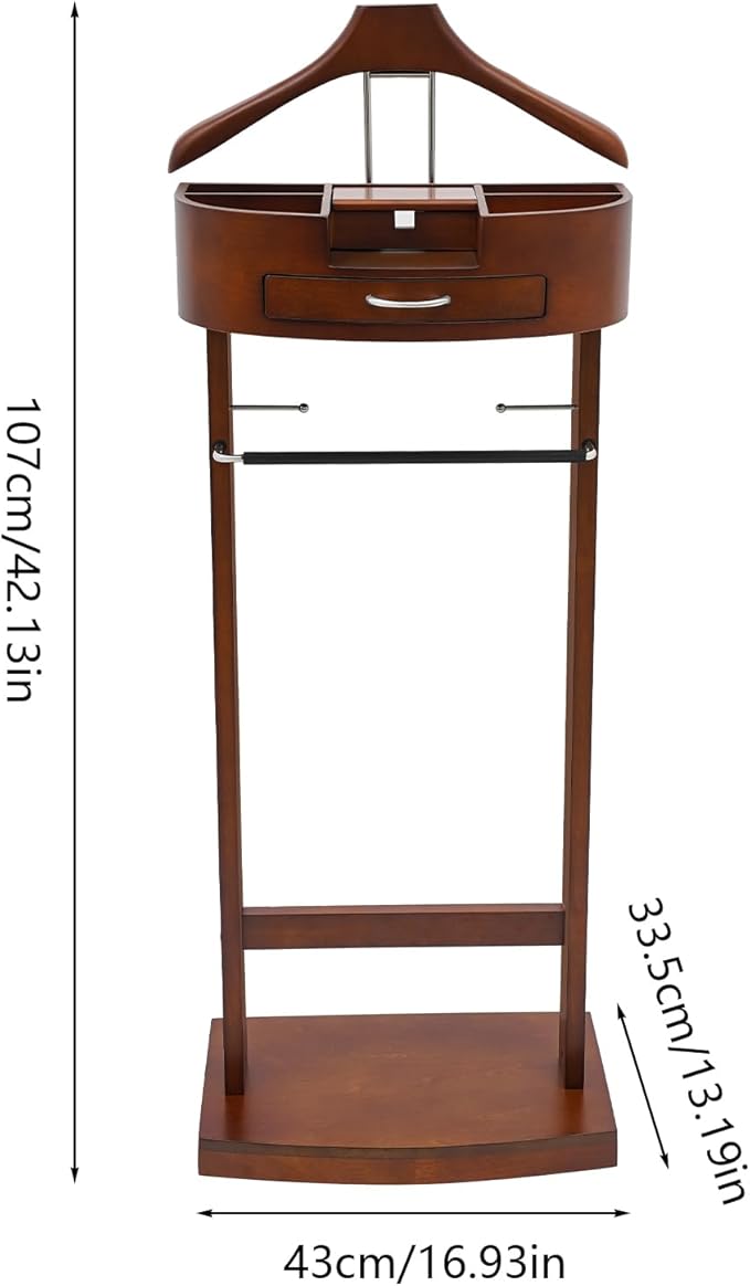 Wood Suit Rack Valet Stand for Men and Women, Freestanding Clothing Rack Organizer with Drawer & Base Vertical Suit Valet Stand for Hats, Bags, Clothes 22 lbs Capacity (Brown)