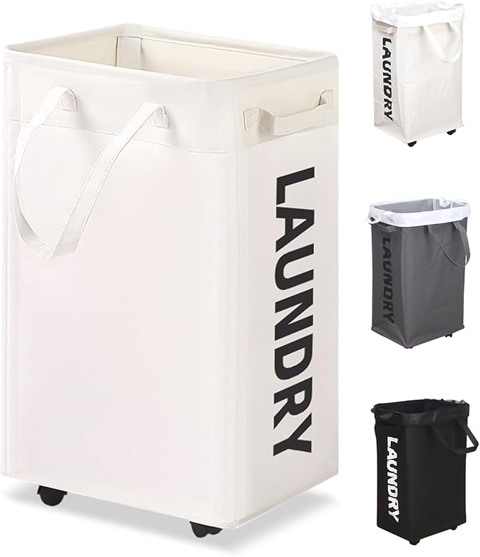 UULANFA Laundry Basket Wheels 75L with Removable Mesh Bag Waterproof Oxford Cloth Suitable for Bedroom Dormitory Clothing Storage Basket (White)