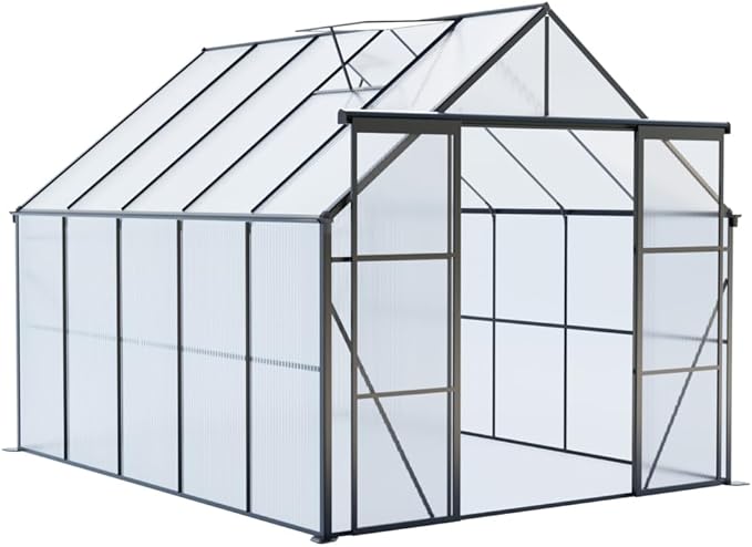 Heavy-Duty Walk-in Polycarbonate Greenhouse with Dual Sliding Doors, Adjustable Roof Ventilation, and Galvanized Steel Base for Year-Round Outdoor Gardening (Black 8*10FT)