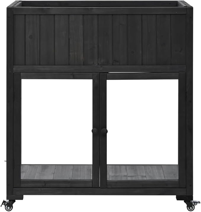 Patio 35.4''x17.7''x37.4'' Mini Wood Cold Frame, Compact 2 Doors Garden Greenhouse with Wheels, Raised Bed with Liner for Indoor Outdoor Use (Black)