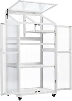 Sturdy Wooden Greenhouse for Balcony or Backyard Use with Rolling Wheels and Adjustable Shelving for Plant Growing (White + Solid Wood + Wood)