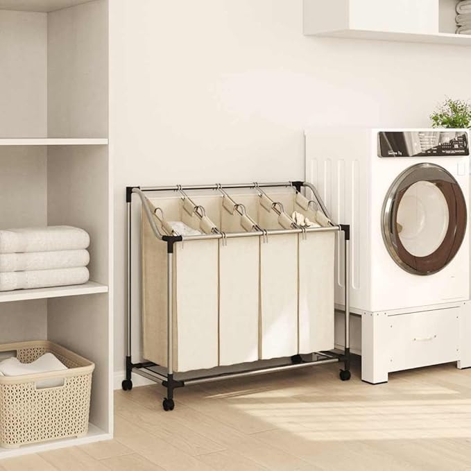 Laundry Sorter with 4 Bags Cream Steel Frame, Heavy-Duty Rolling Cart with Removable Sorting Bags and Casters for Easy Transport, Durable Organizer for Laundry Room or Closet